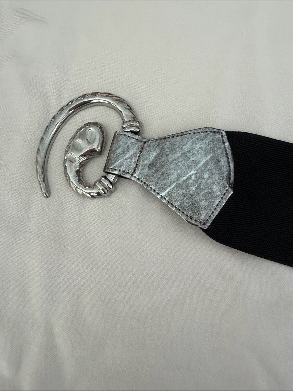 Women’s Black Stretch Waist Belt with Decorative Silver Swirl Buckle - Picture 3 of 6